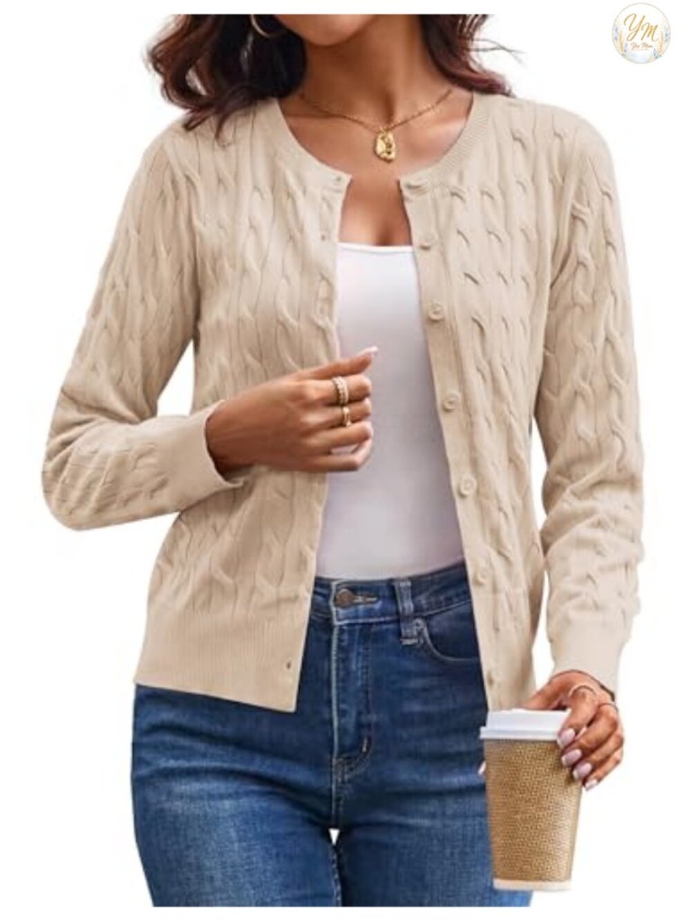 Cable Knit Cardigan Sweater Cropped Button Up Crew Neck Fall Layer